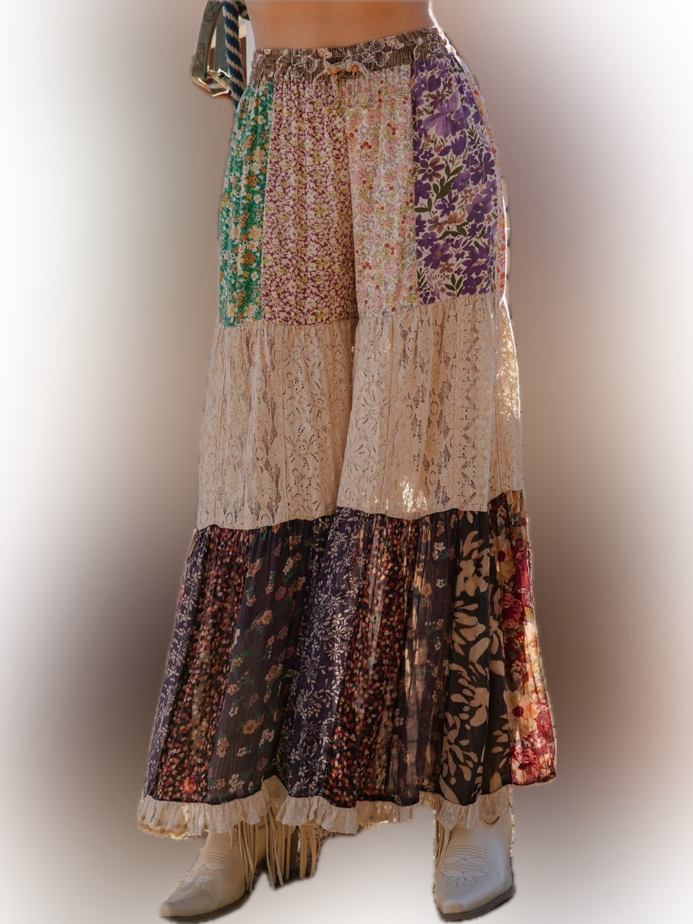 ‼️LAST LARGE‼️Boho Patchwork Lace Tier Wide Leg Pants NWT Young Threads